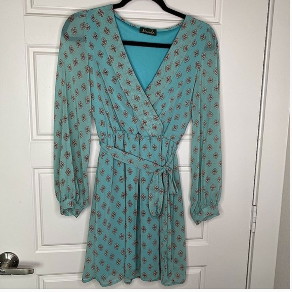 MAUDE TURQUOISE LONG SLEEVE FLORAL WRAP DRESS SM